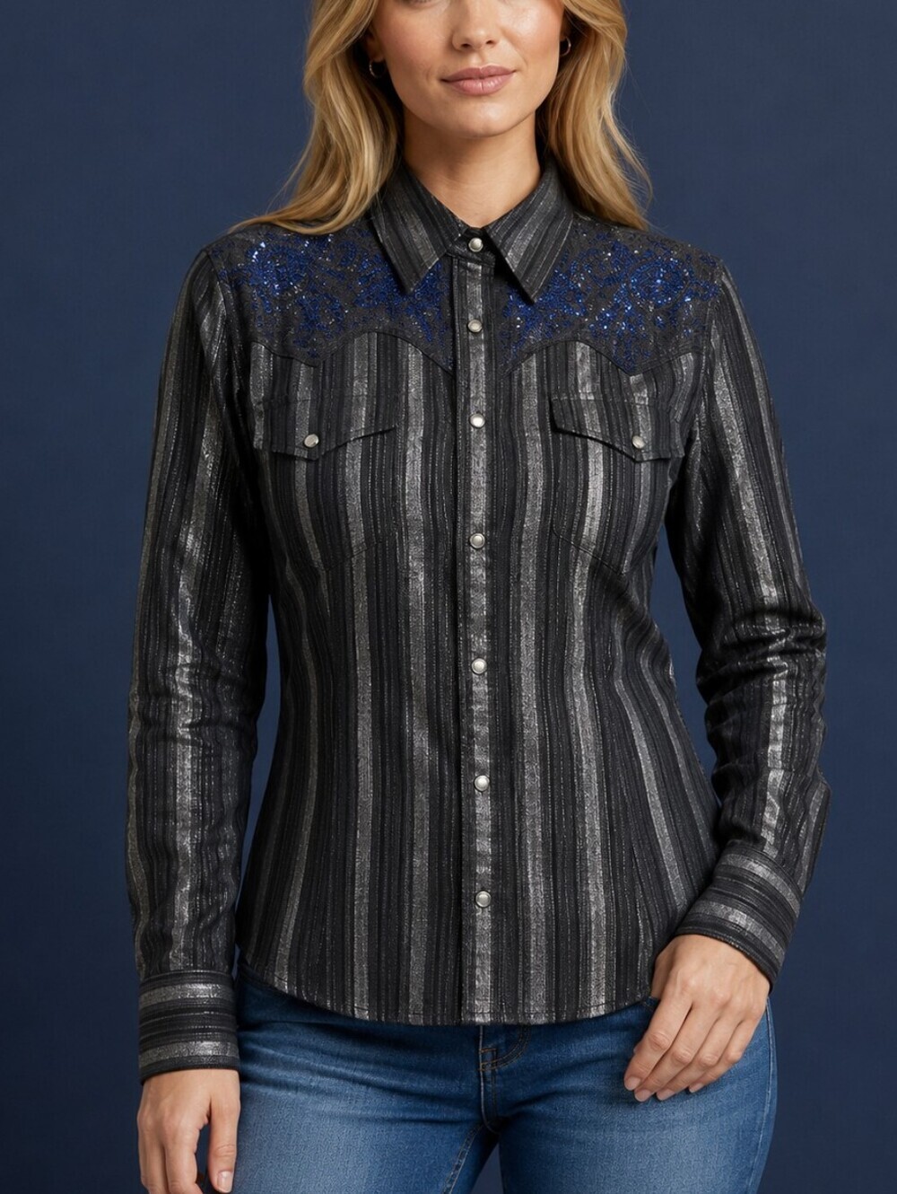PANHANDLE SLIM Y2k Metallic Striped Embroidered Button-Up Western Shirt